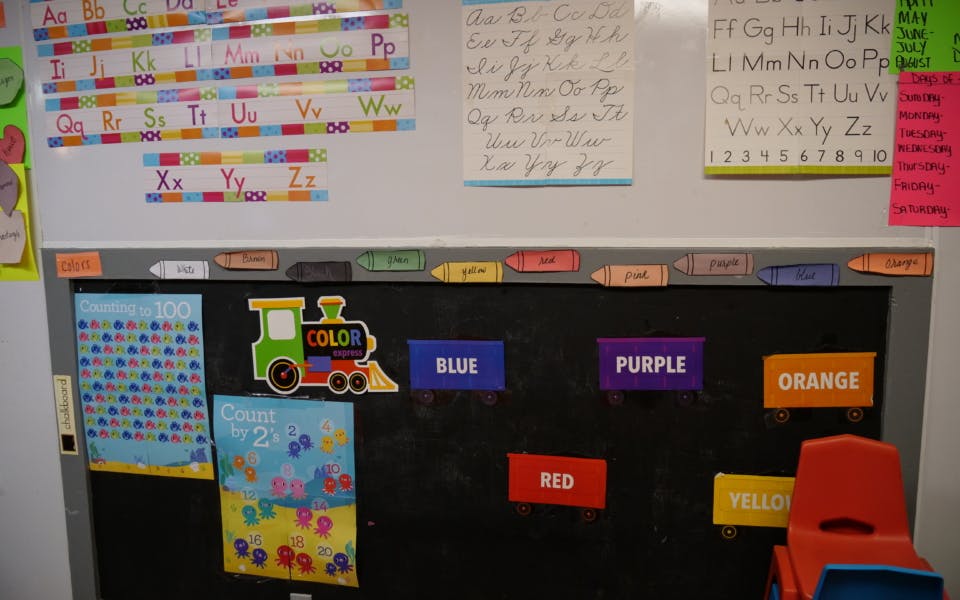 Classroom bulletin board with alphabet, color words, and a train cutout