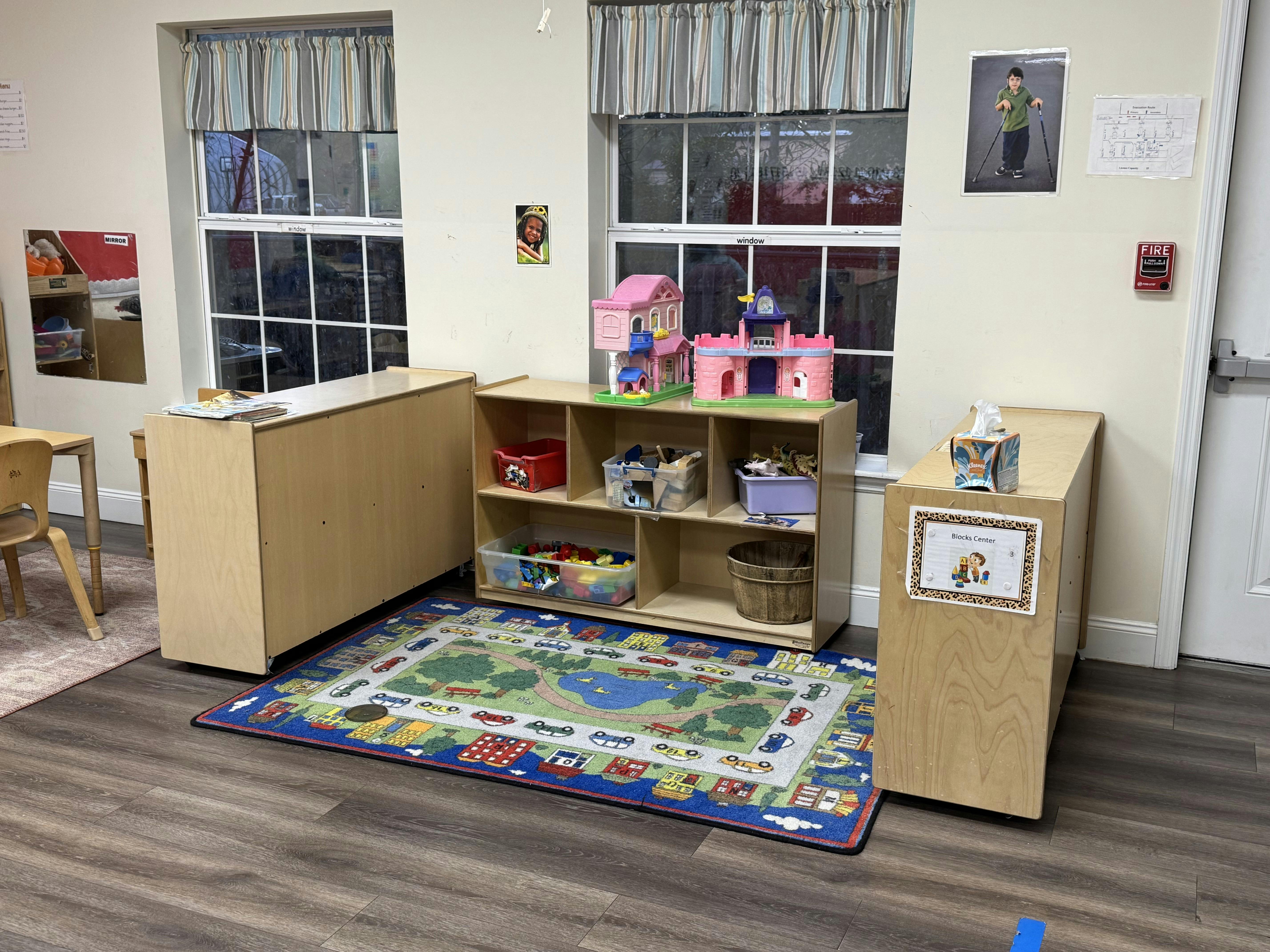 Playroom with toy shelf, rug, and windows