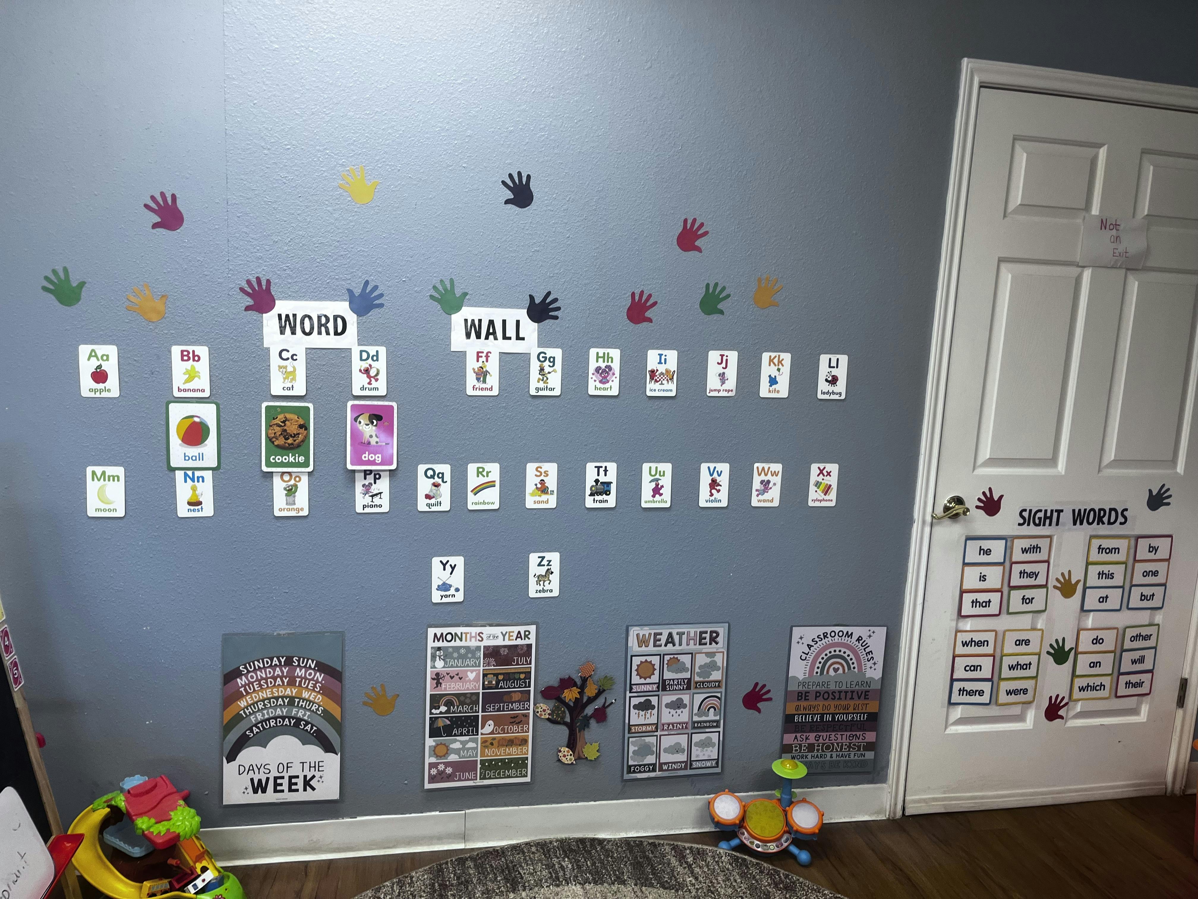 Classroom wall with a word wall, alphabet cards, and other learning charts