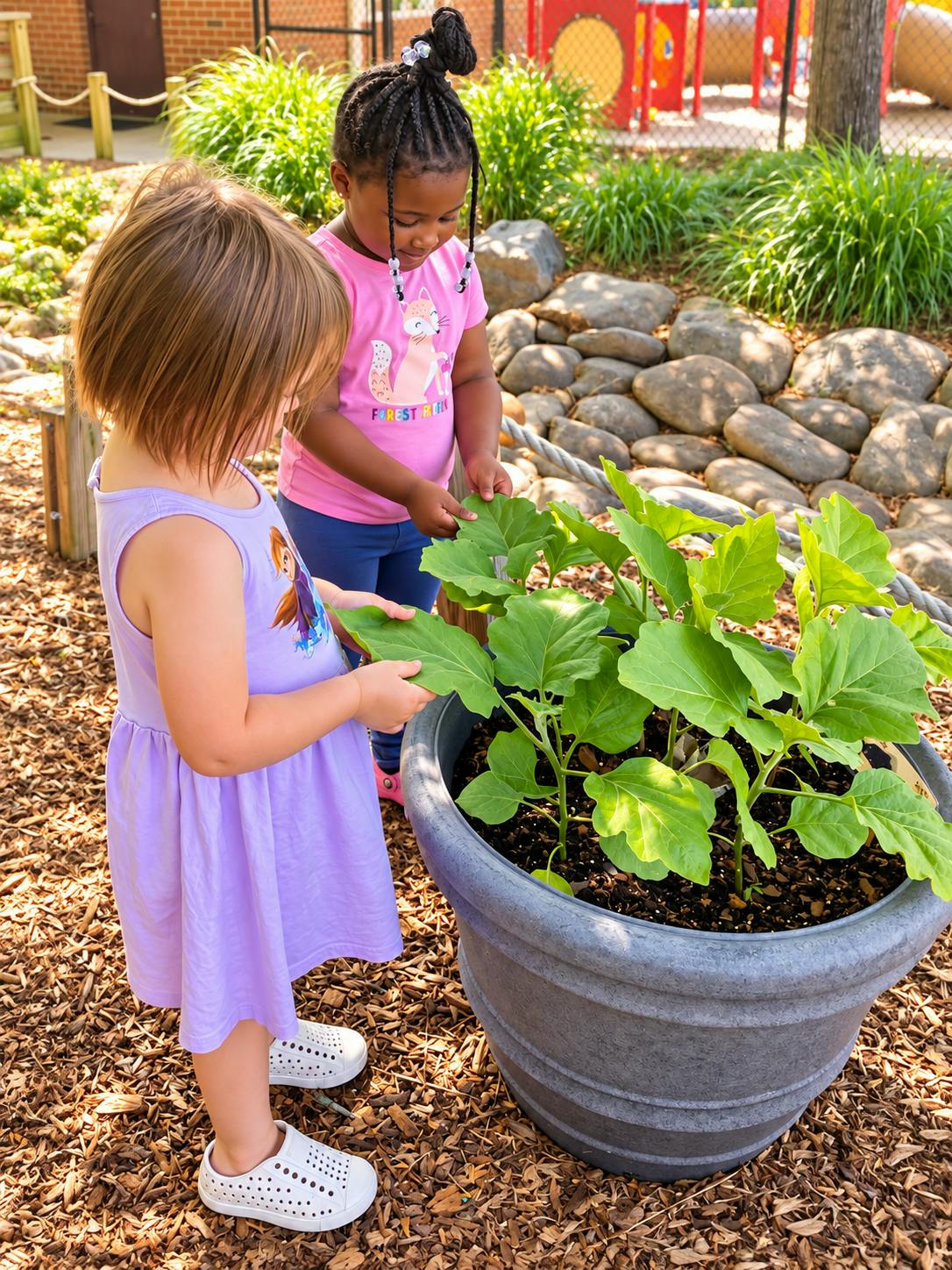 Two children touching the leaves of a plant in a large pot outdoors