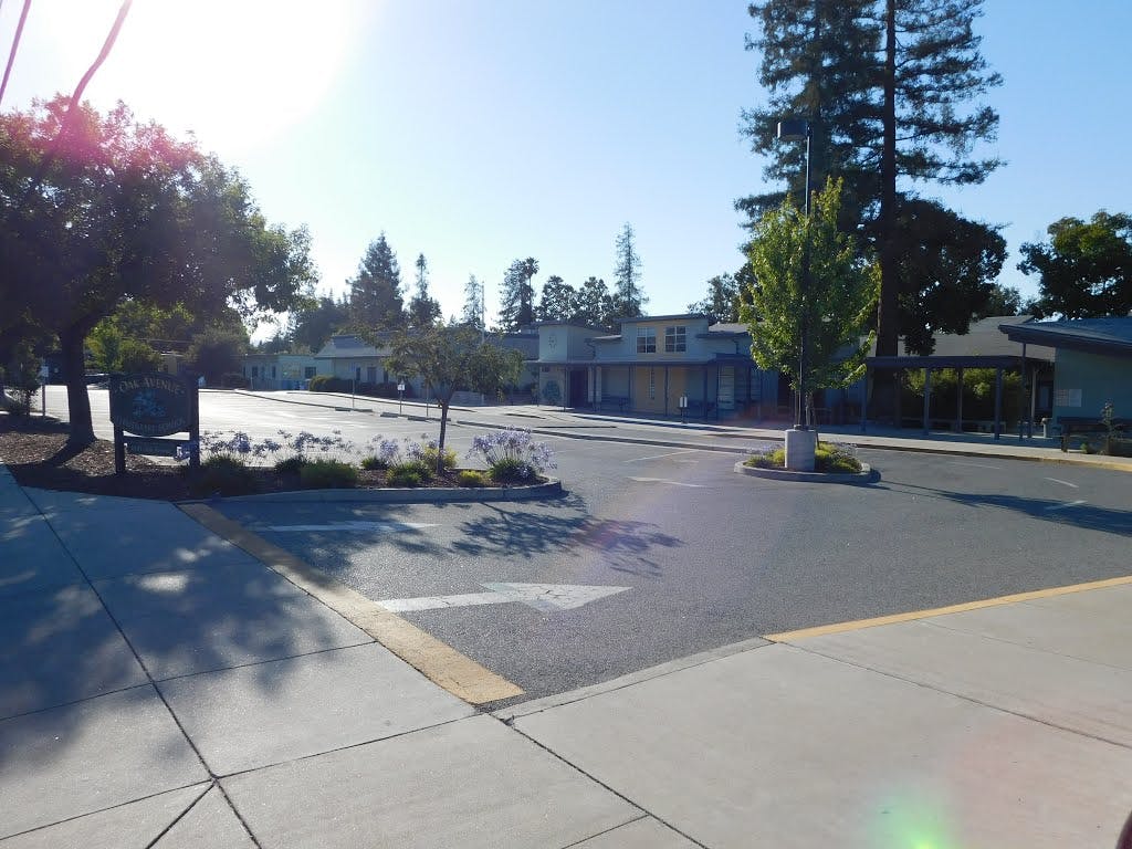 Empty parking lot with buildings and trees in the background