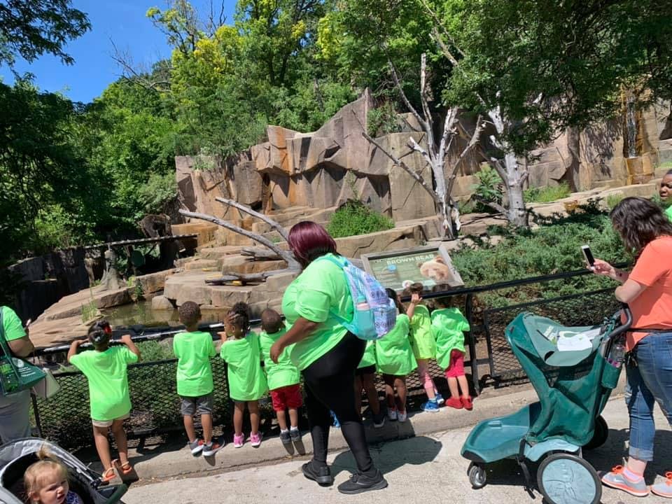 Adults and children in bright green shirts looking at an animal enclosure