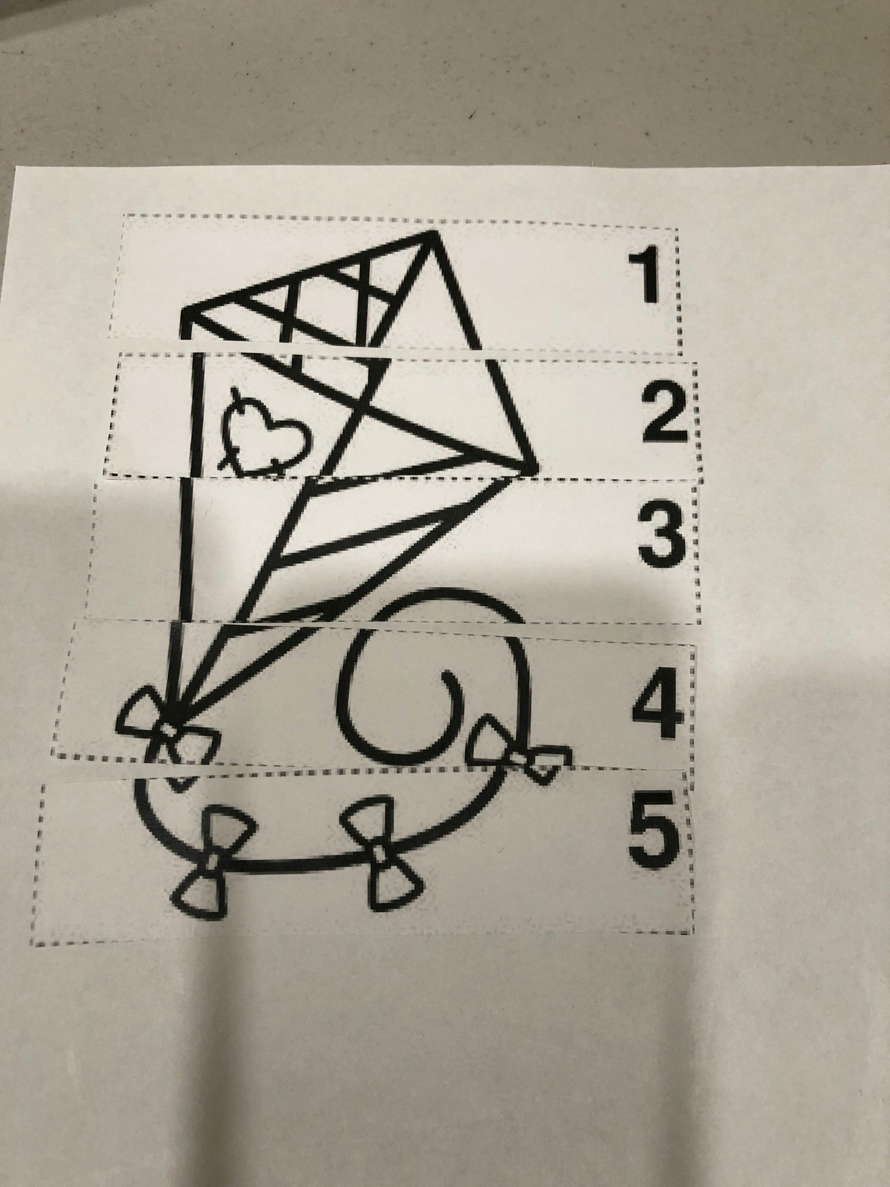 Kite outline with a heart and bows, numbered 1 through 5
