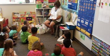 Person reading to children in a classroom