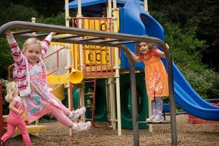 Child on monkey bars, another child on playground equipment