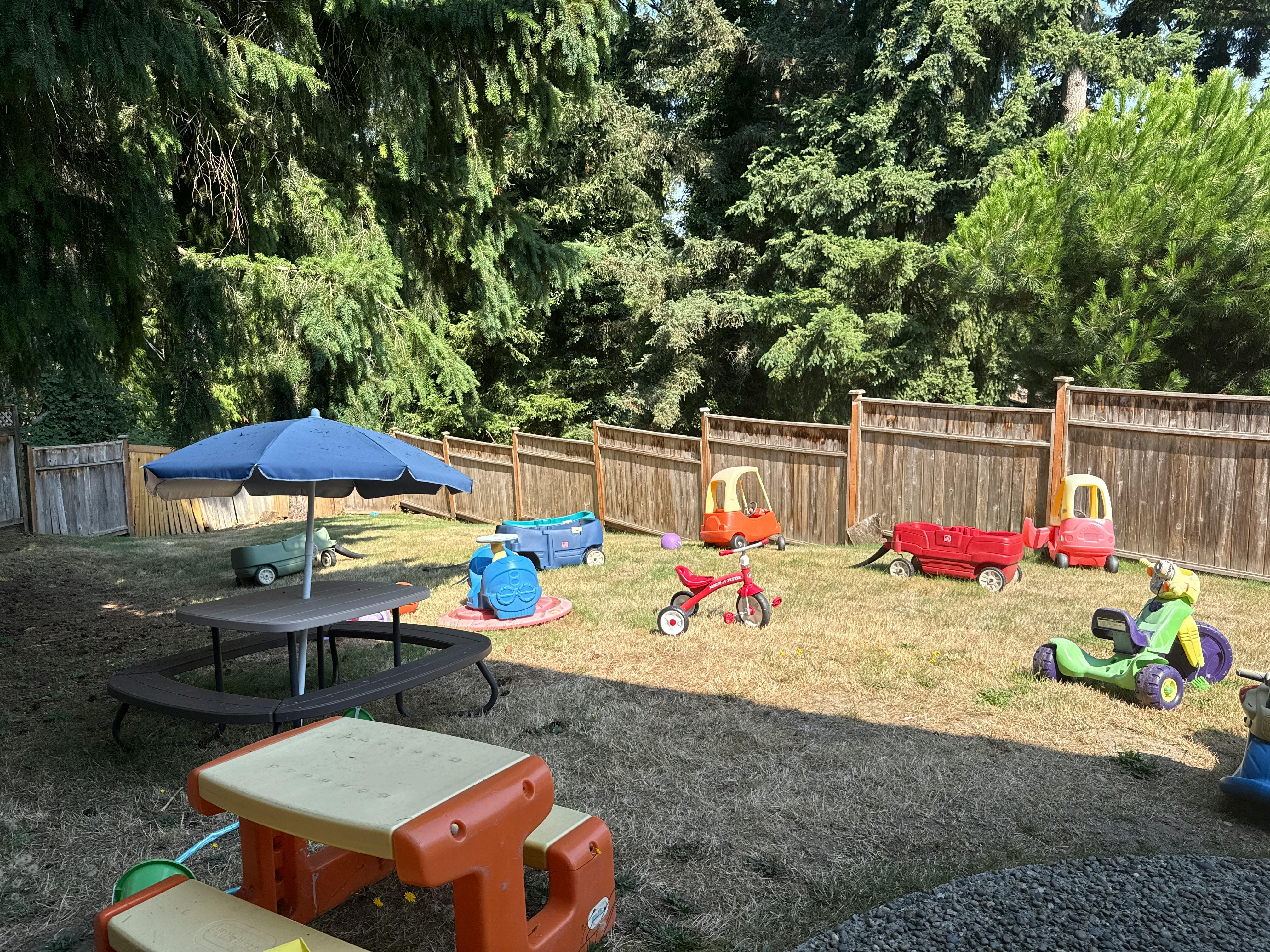 Backyard with a picnic table, blue umbrella, and various children's toys