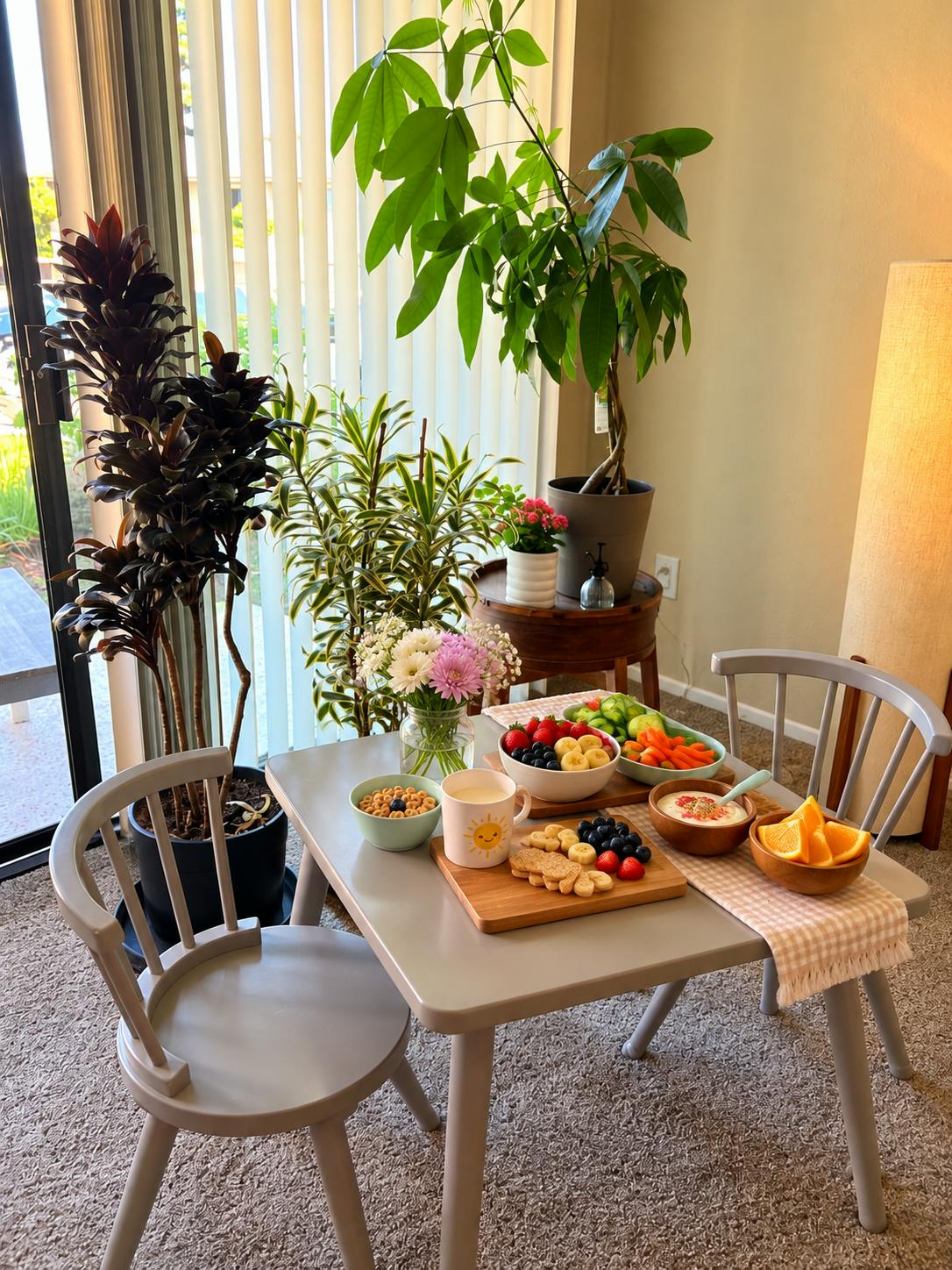 Small table with bowls of fruit and vegetables set in a sunlit room