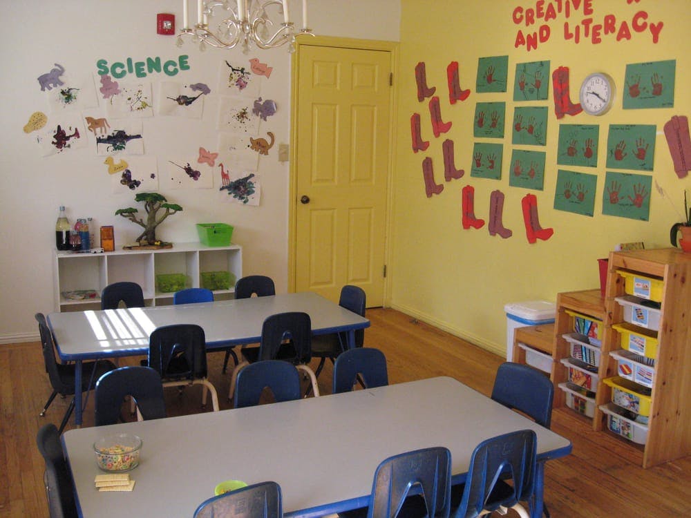 Classroom with tables and chairs, decorated walls