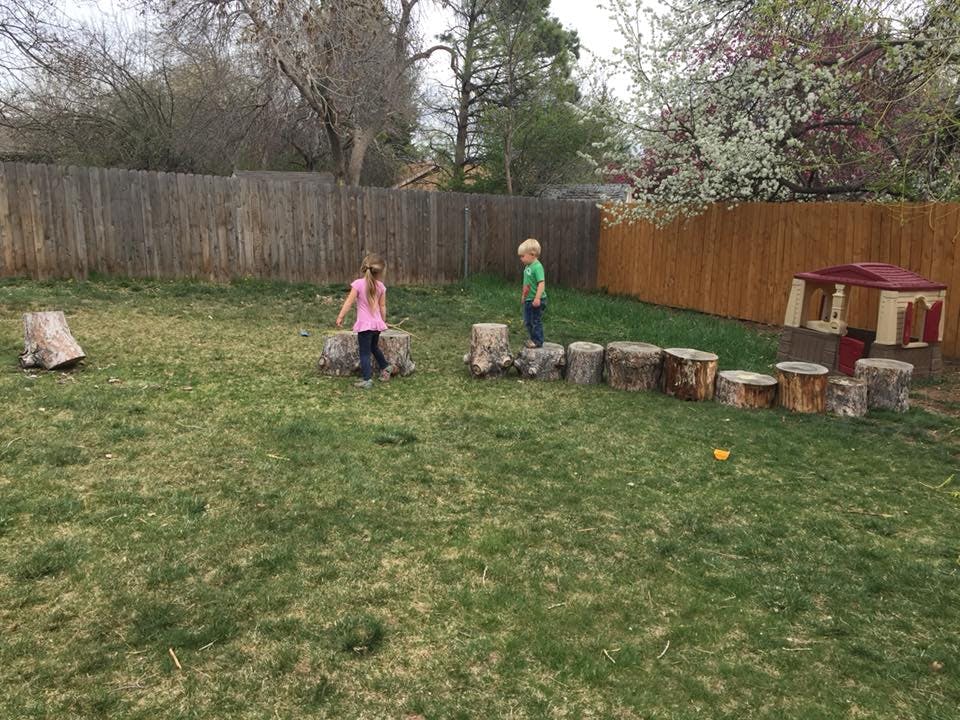Two children playing on tree stumps in a grassy yard