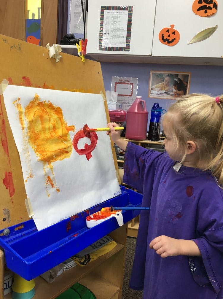 Child painting on an easel in a classroom