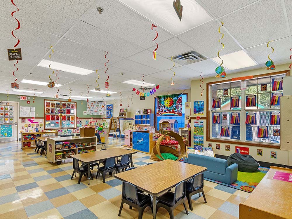 Classroom with small tables and chairs, decorated walls and ceiling