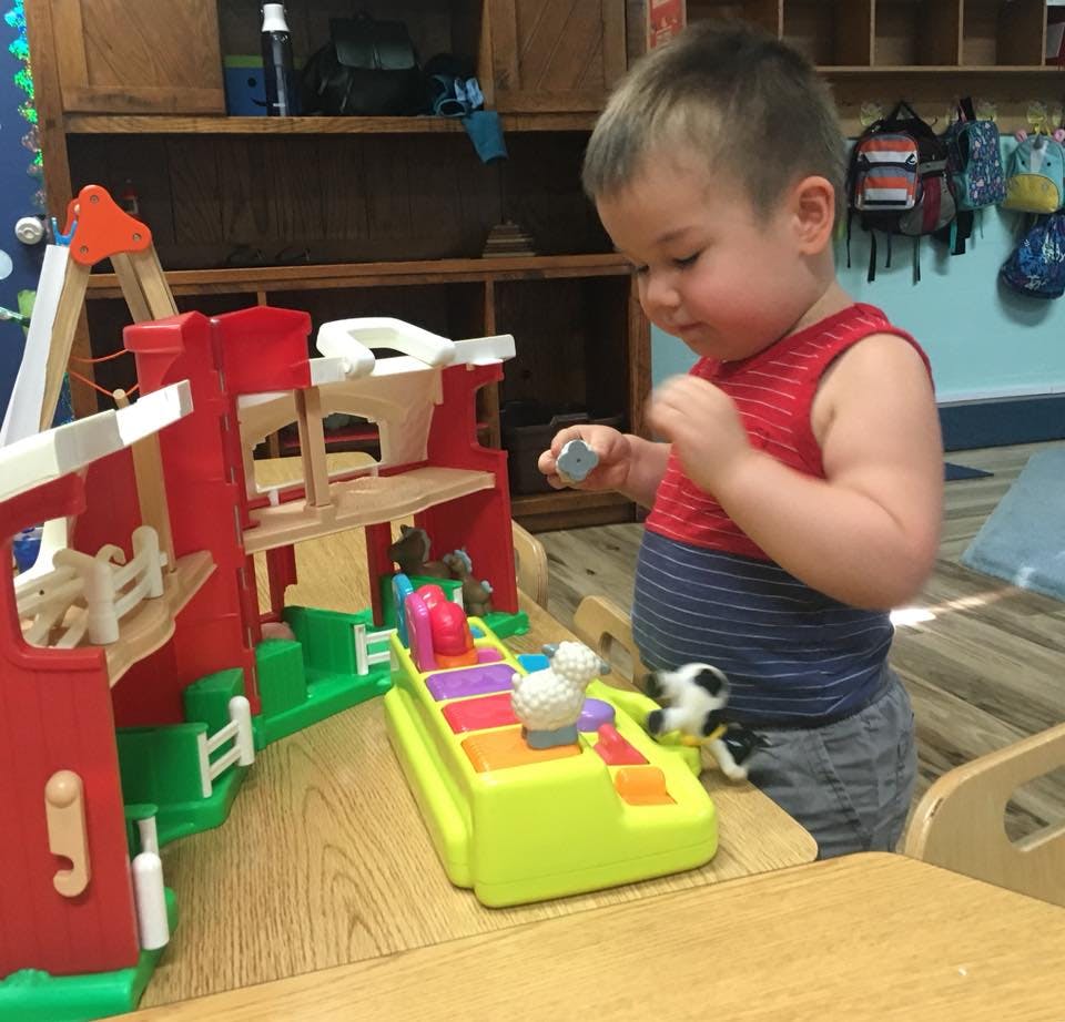 Child playing with a toy farm set