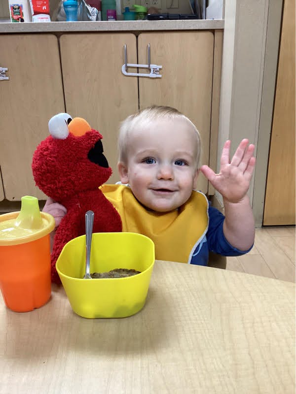 Child in a bib sitting at a table with a stuffed Elmo, waving