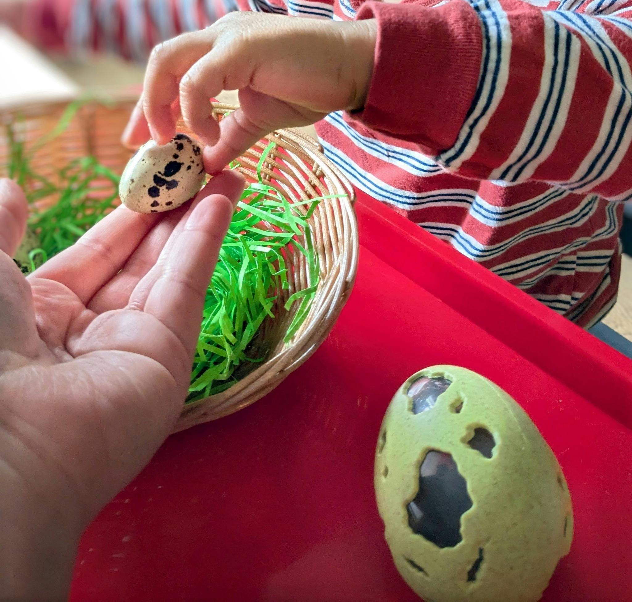 Child placing a small speckled egg into an adult's open hand