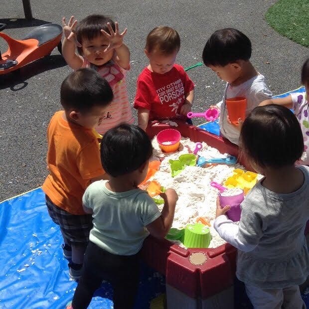 Children playing in a sand table with toys