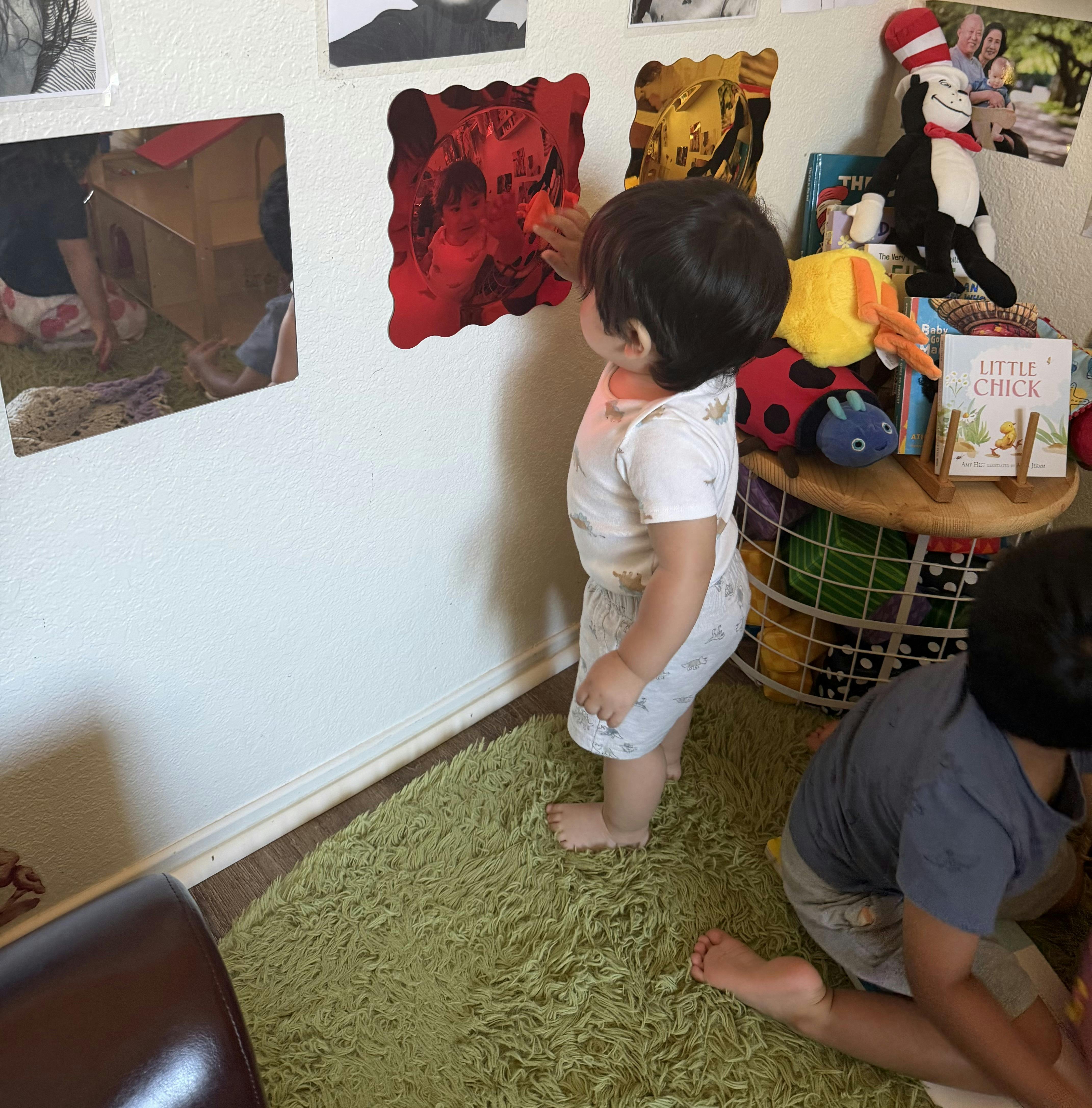 Child touching a mirror on a wall while another child plays on a rug