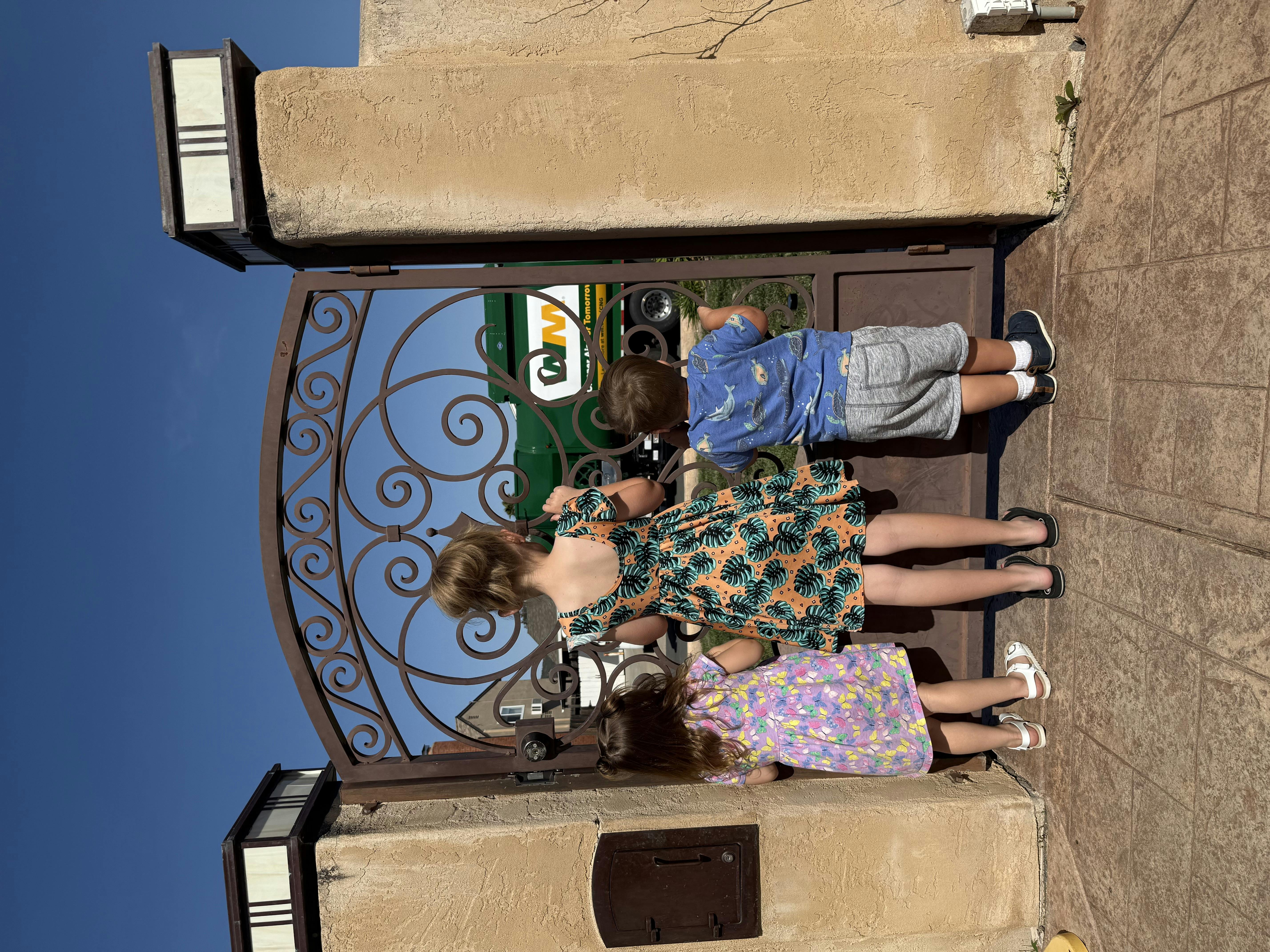Three children looking through a decorative metal gate
