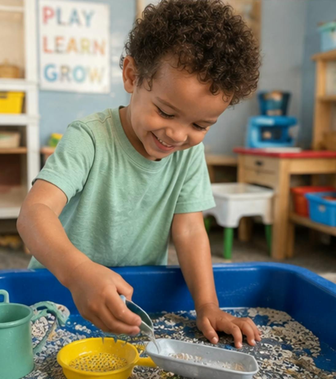 Child playing with toys in a sensory bin in a classroom