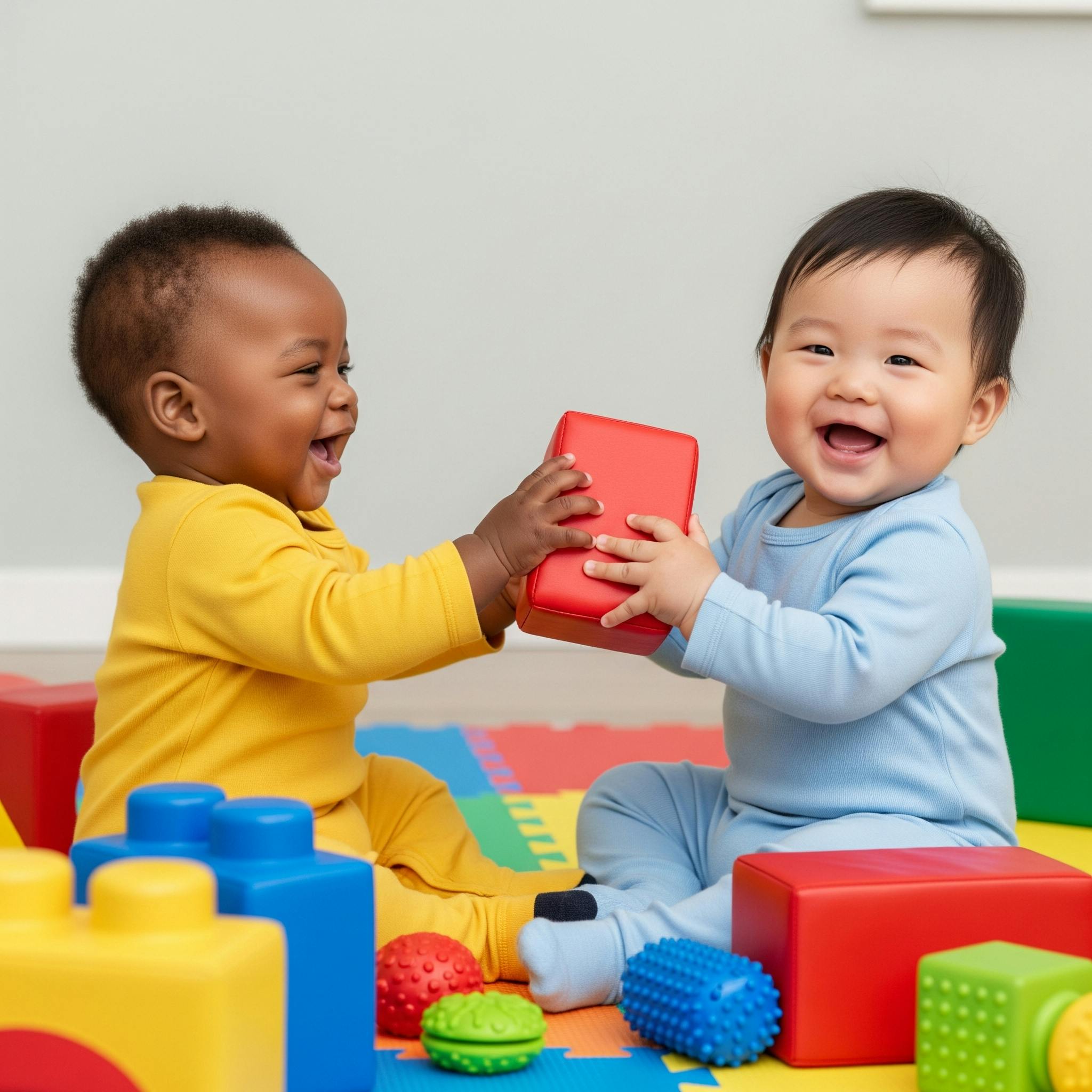 Two children playing with a red block