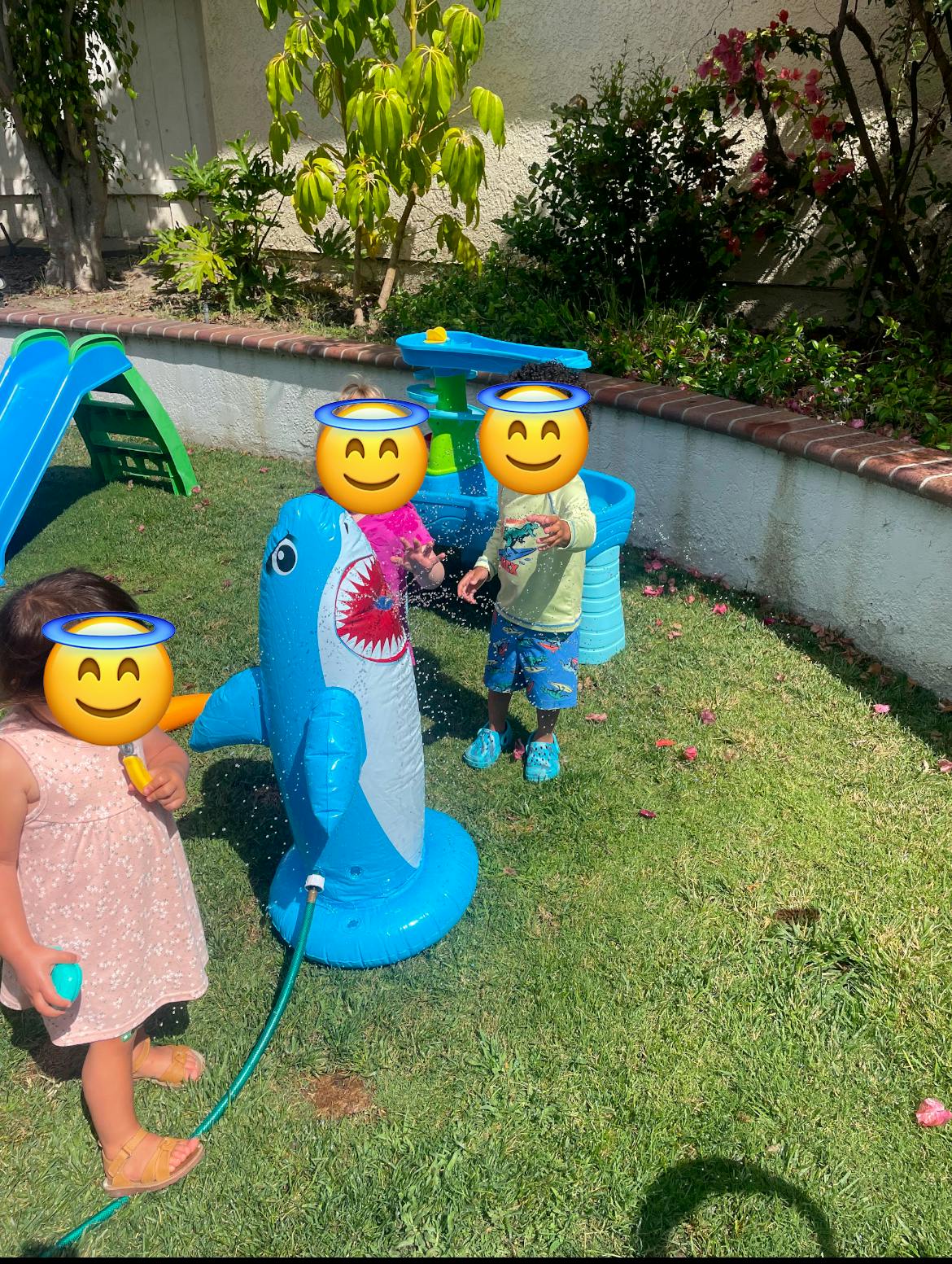 Children playing with a shark sprinkler and water table in a yard