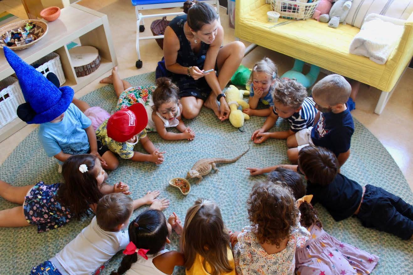 Adult and children sitting in a circle on a rug looking at a lizard