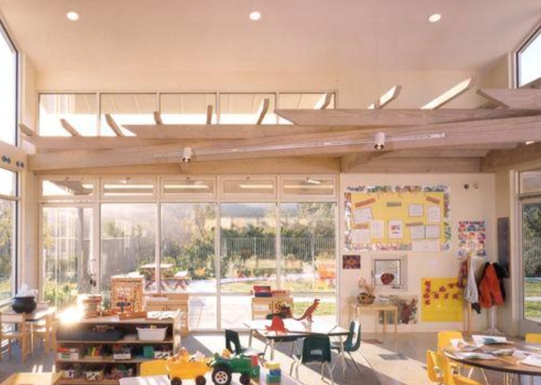 Classroom with large windows overlooking an outdoor play area