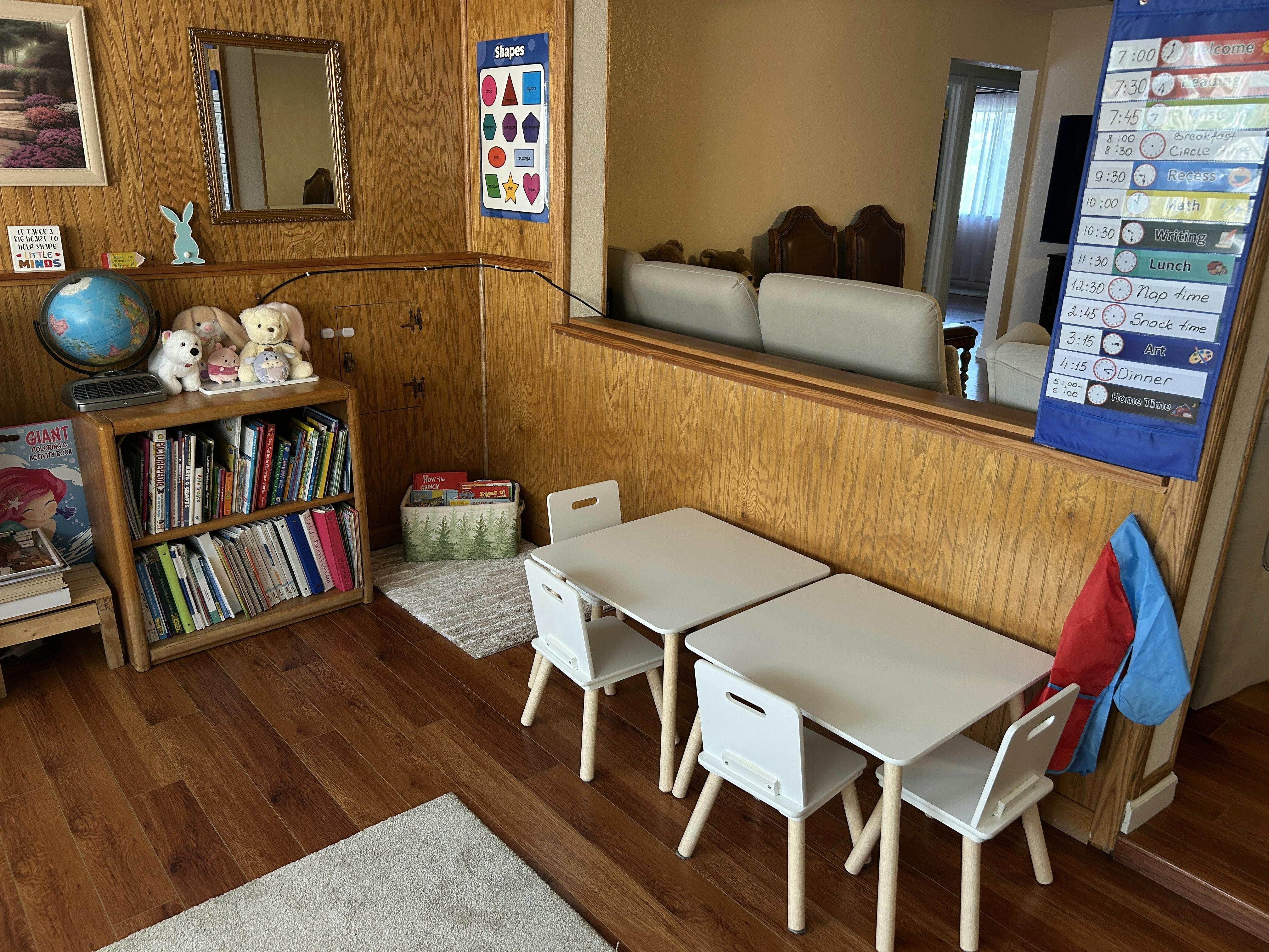 Small tables and chairs in a homeschool classroom setting