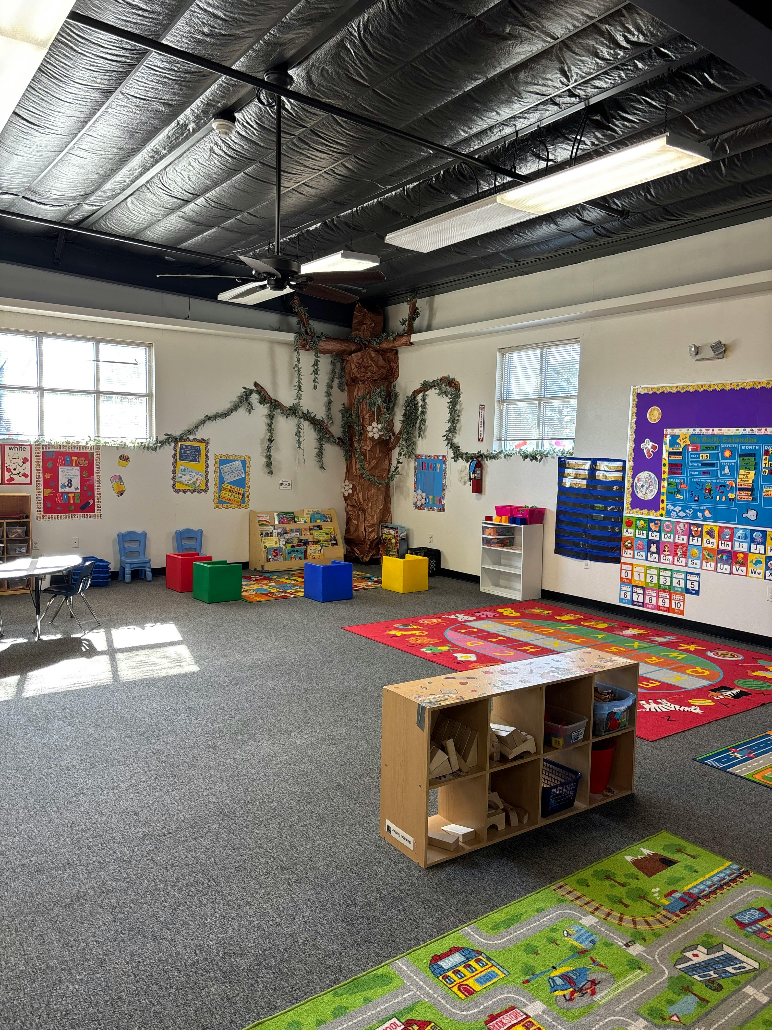 Classroom with decorative tree, alphabet rugs, and various learning materials
