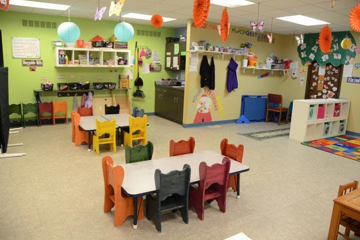 Classroom with small tables and chairs