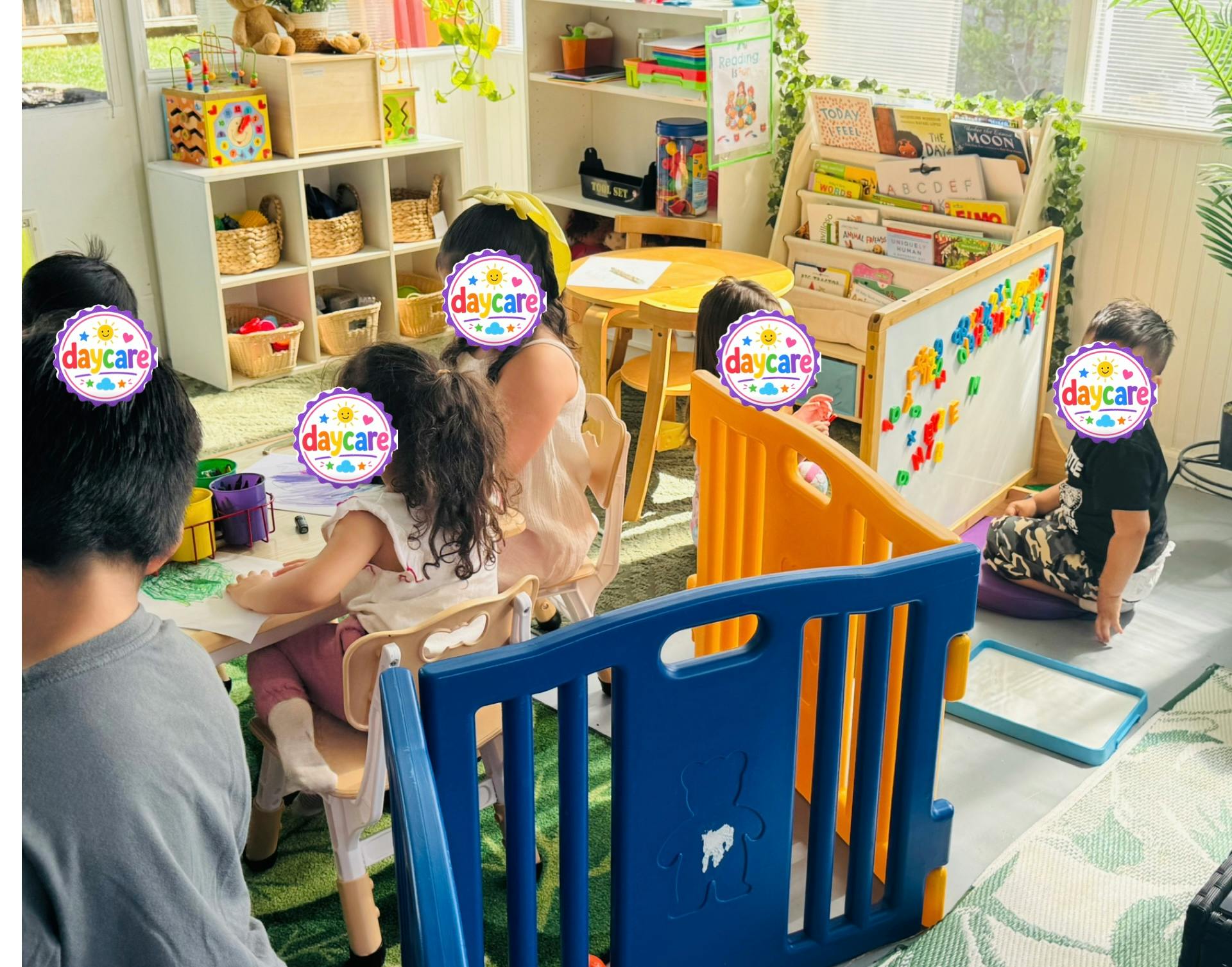 Children engaged in activities in a daycare room