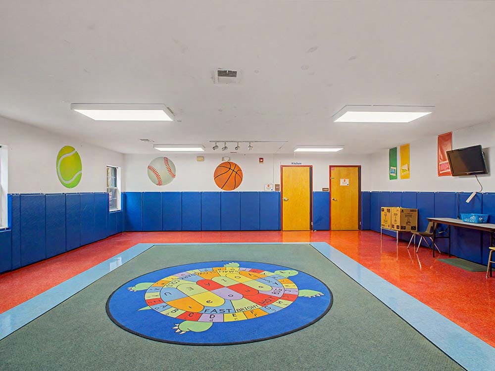 Colorful playroom with turtle alphabet rug, padded walls, and sport decals