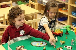 Two children playing with toy animals and a fence on a green mat