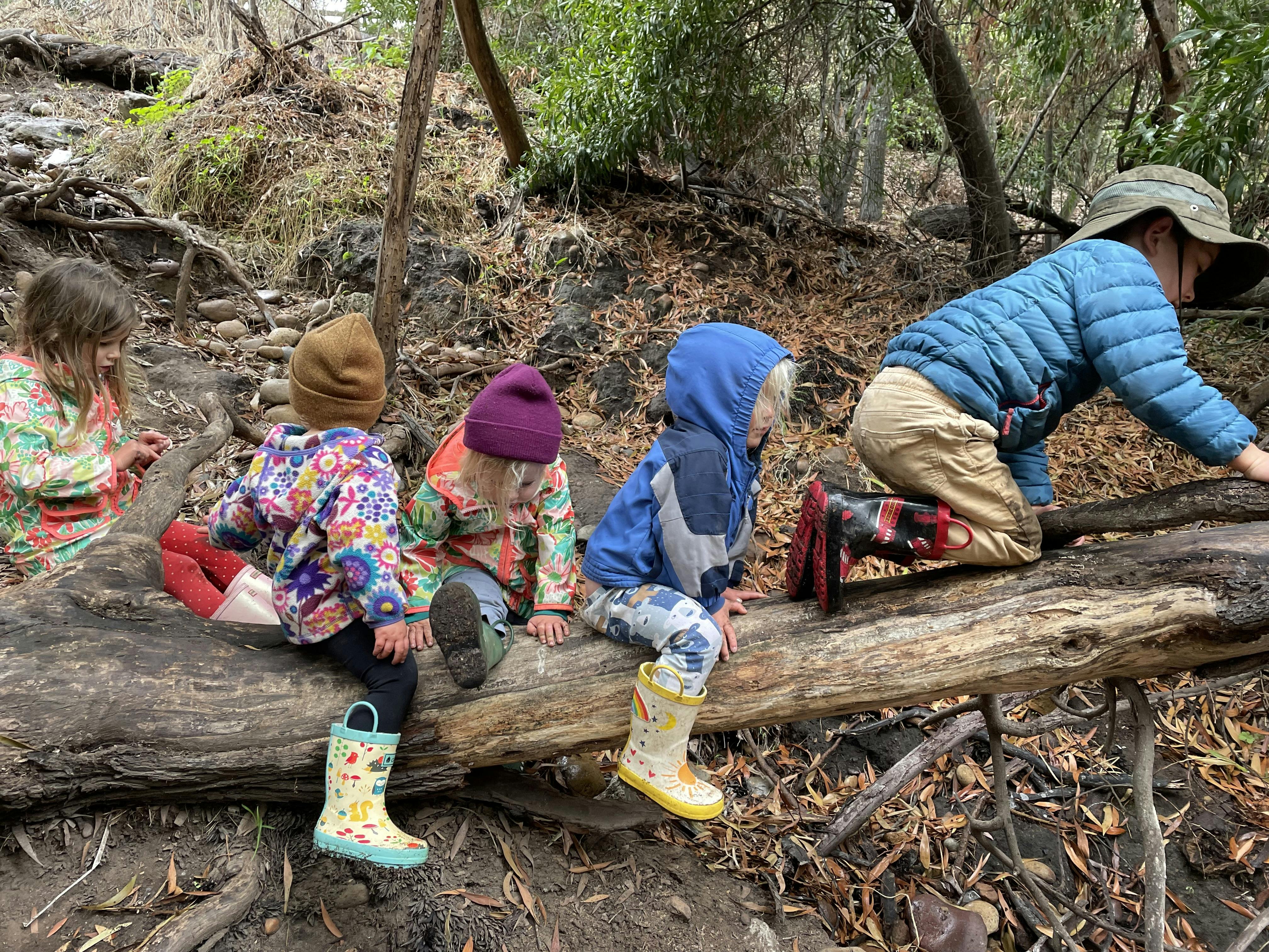 Four children in raincoats and boots playing on a large log in a wooded area