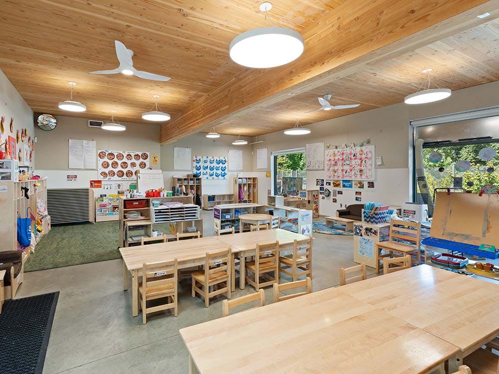Classroom with small wooden tables and chairs, cubbies, and various learning materials
