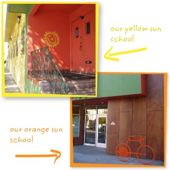 Two buildings with sun and bicycle murals