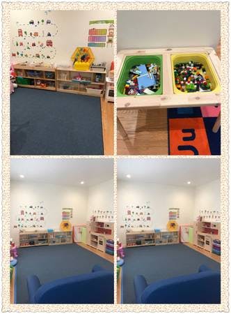 Collage of a classroom with shelves, toys, and a blue rug