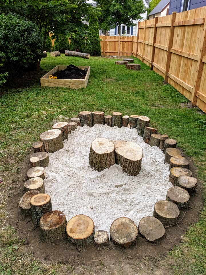 Outdoor play area with tree stumps arranged in a circle around sand