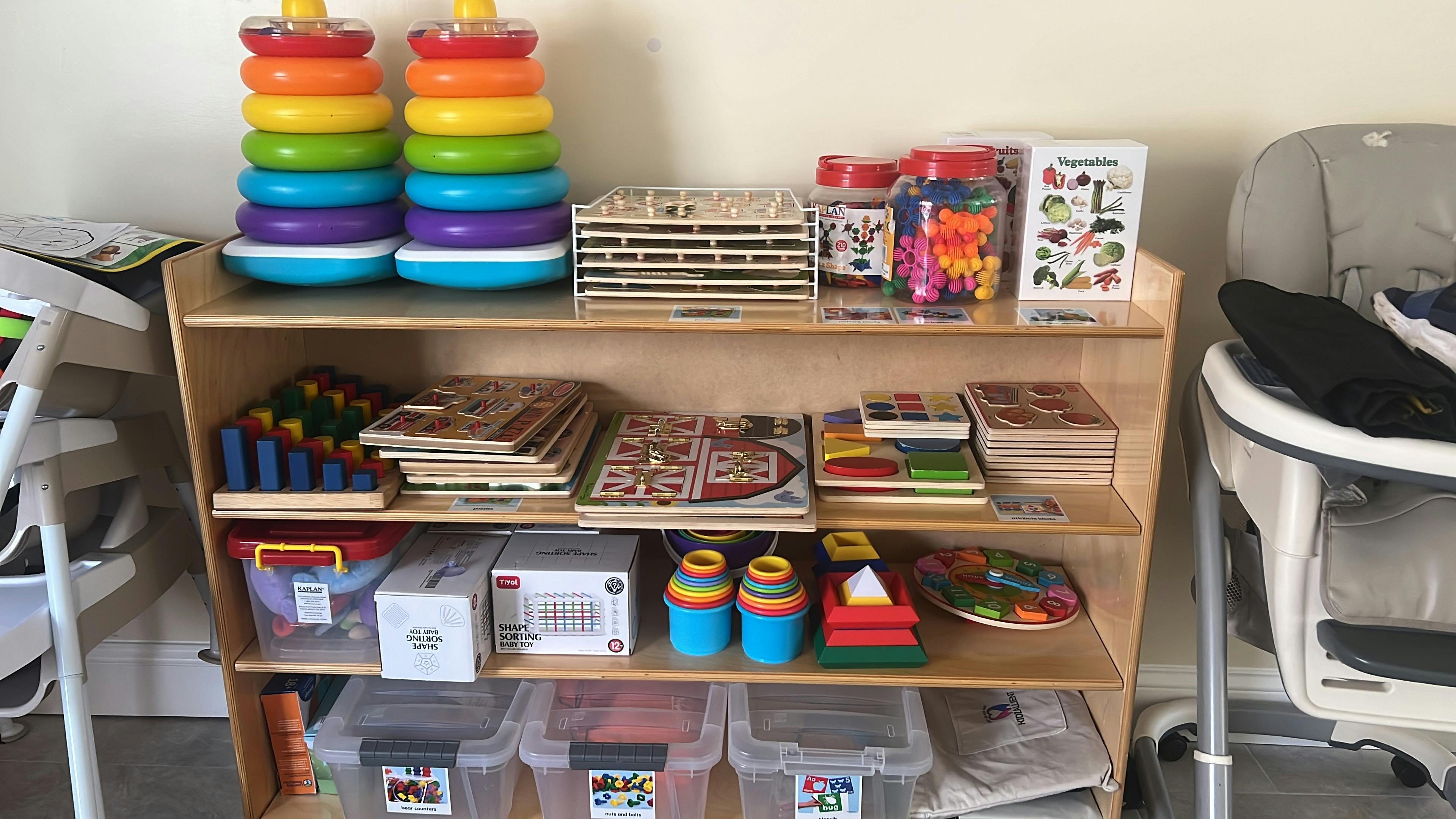 Shelves filled with children's toys and learning materials