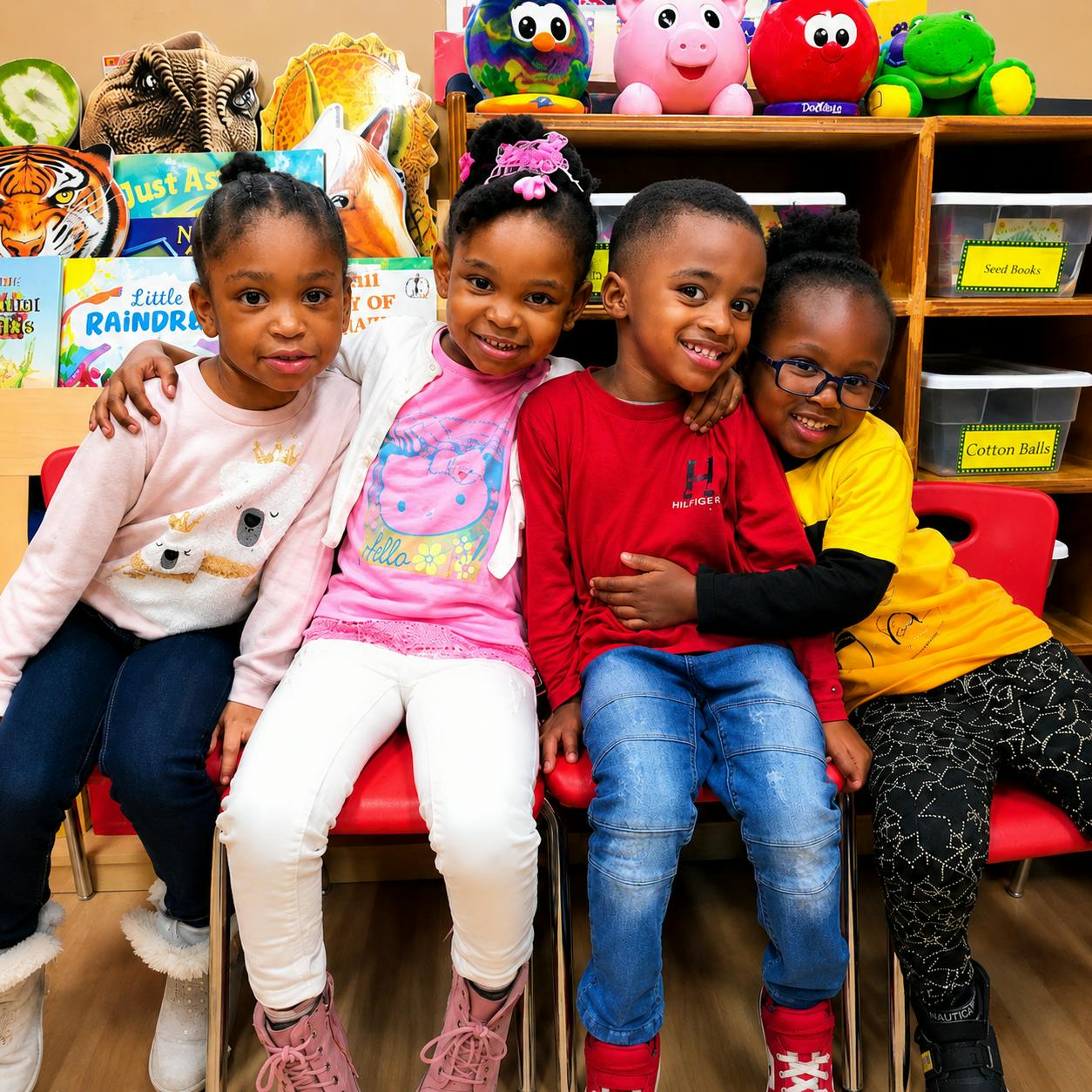 Four children sitting together on chairs in a classroom