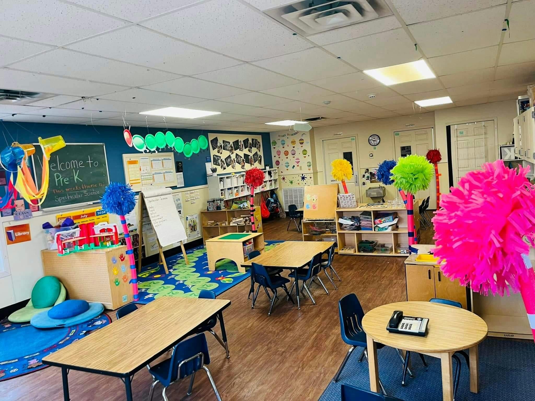 Classroom with small tables, chairs, and learning materials