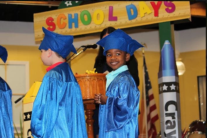 Child in blue graduation cap and gown smiling, with "SCHOOL DAYS" sign above