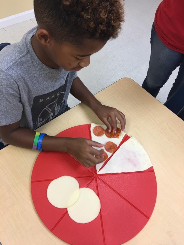 Child placing pepperoni on a pizza in a classroom
