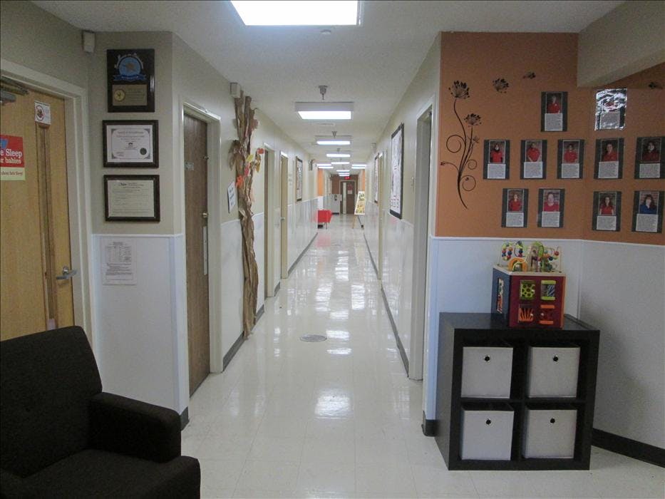 A long, bright hallway with doors on both sides and decorations on the walls