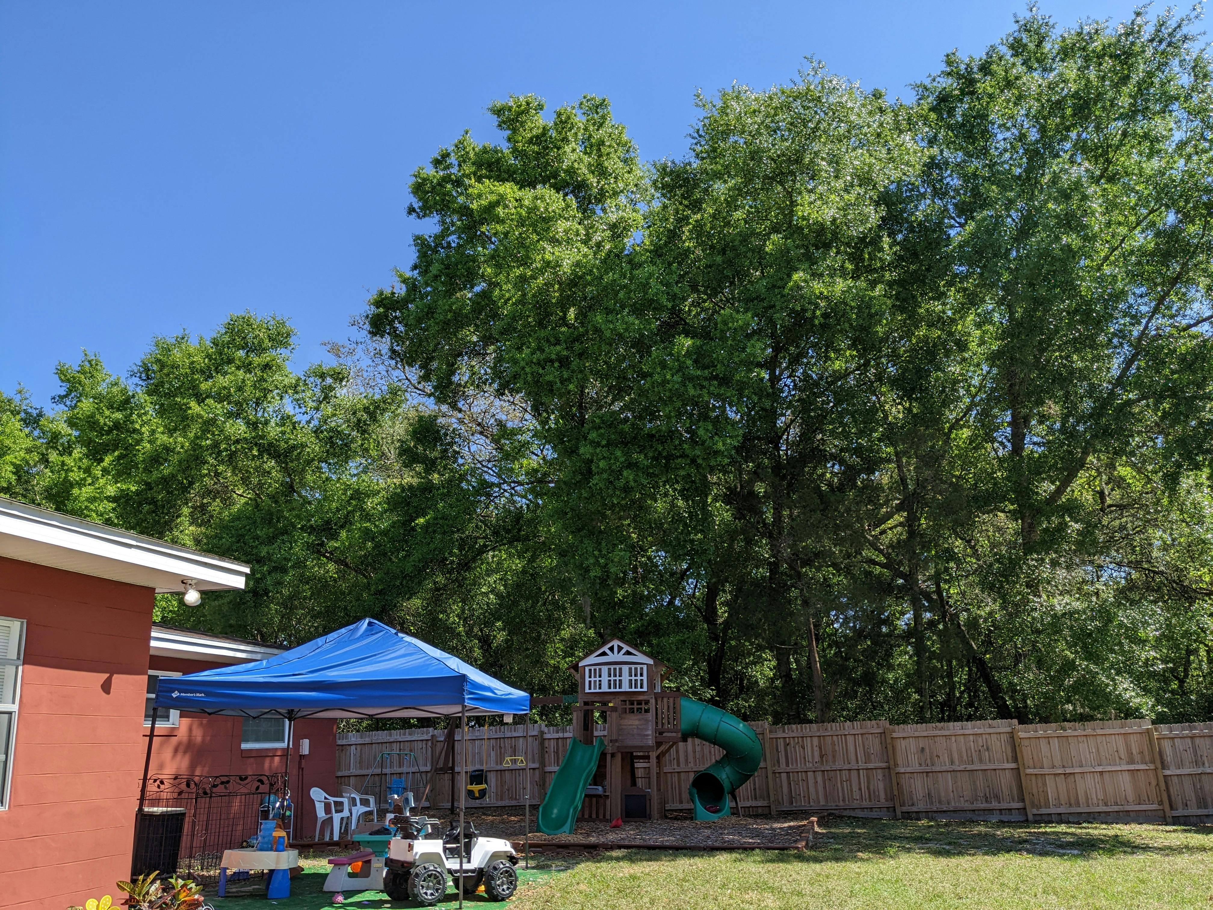 Backyard with a blue canopy, playset, and wooden fence