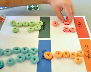 Child sorting colorful cereal pieces onto color-coded paper strips
