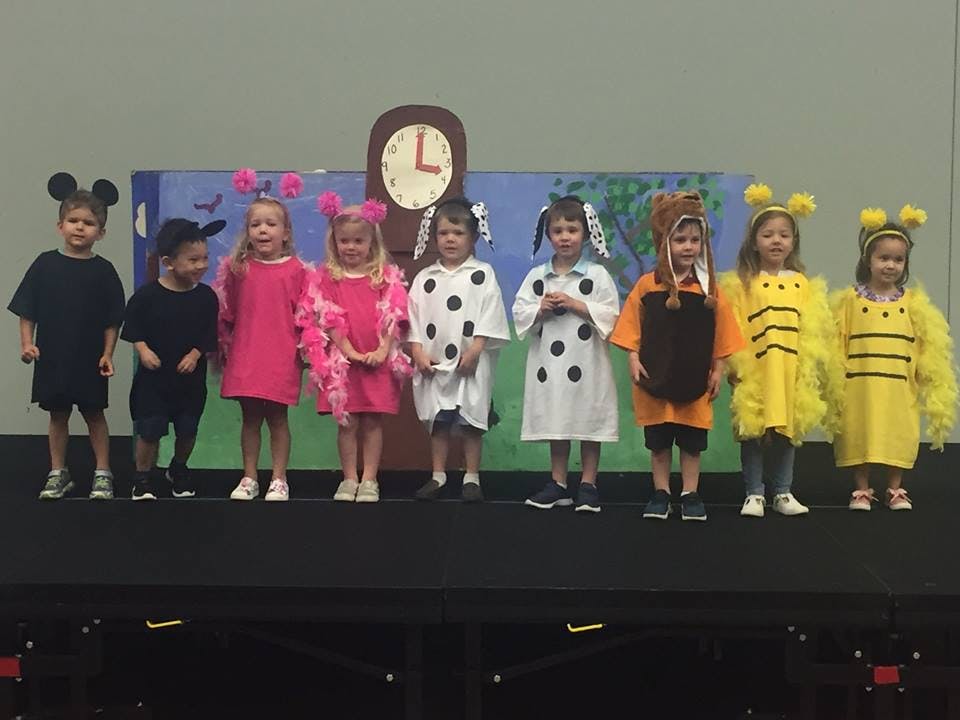 Children in various animal costumes on a stage