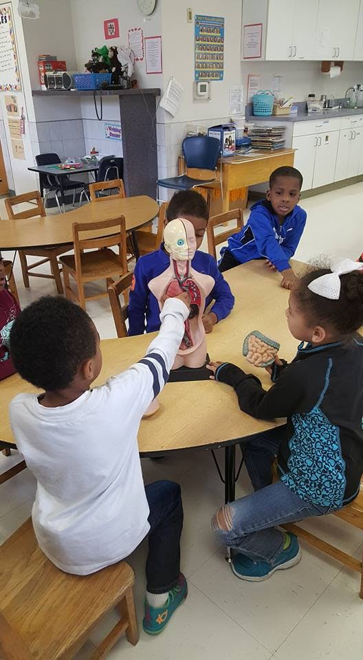 Children gathered around a table examining a human anatomy model