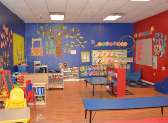 Colorful classroom with tables, chairs, and educational decorations on the walls