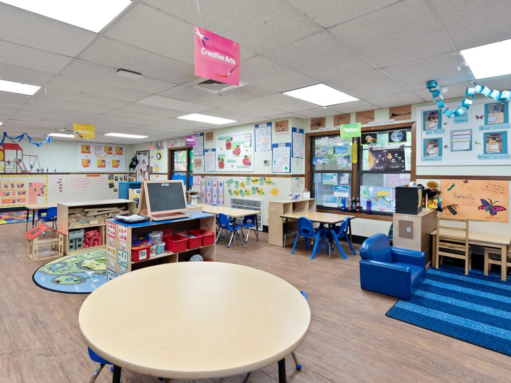 Colorful classroom with various activity stations and tables