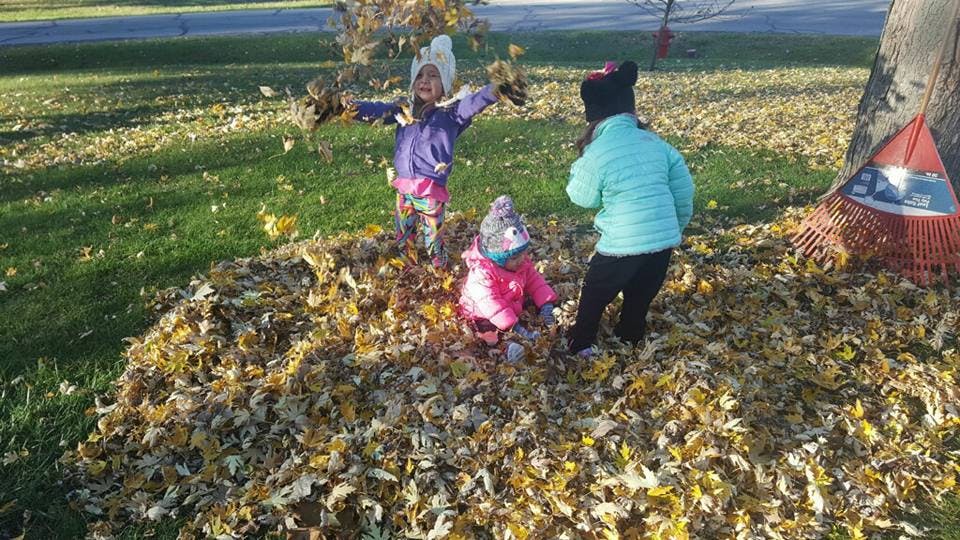 Three children playing in a pile of autumn leaves